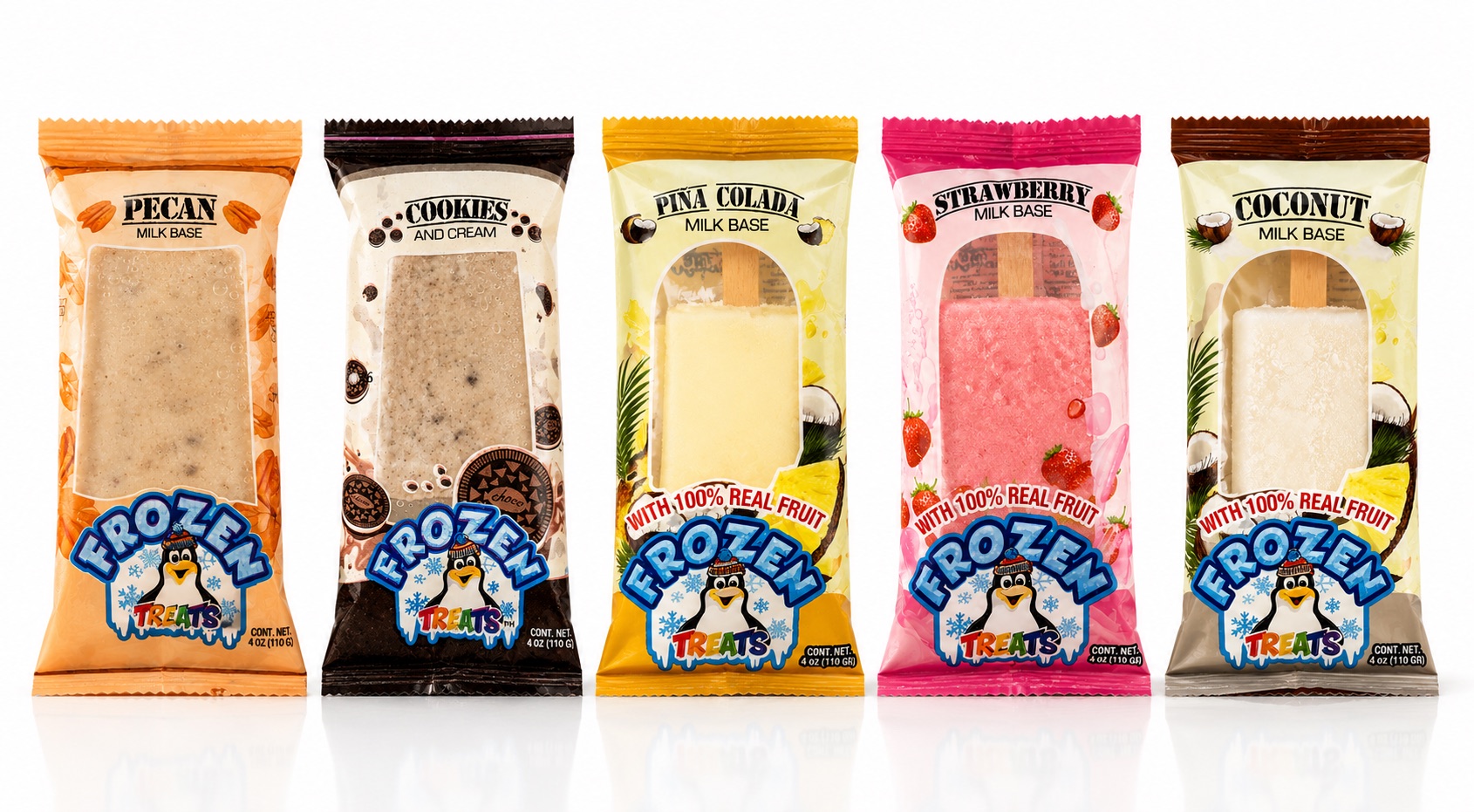 Frozen Treats milk-based paletas, Pecan, Cookies and Cream, Pina Colada, Strawberry, Coconut