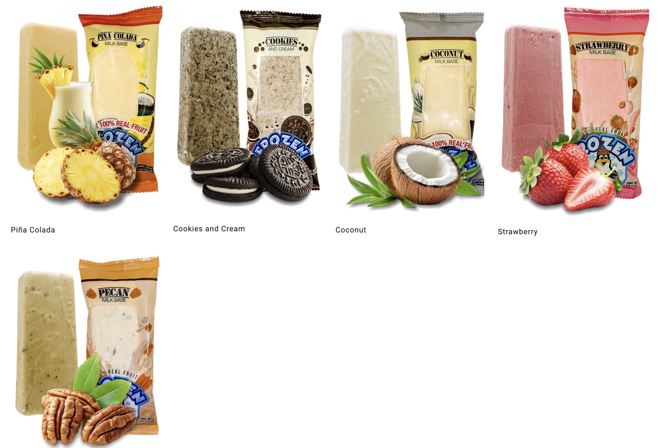 Frozen Treats milk-based paletas, Pina Colada, Cookies and Cream, Coconut, Strawberry, Pecan, shown in bag, out of bag, and with corresponding ingredient