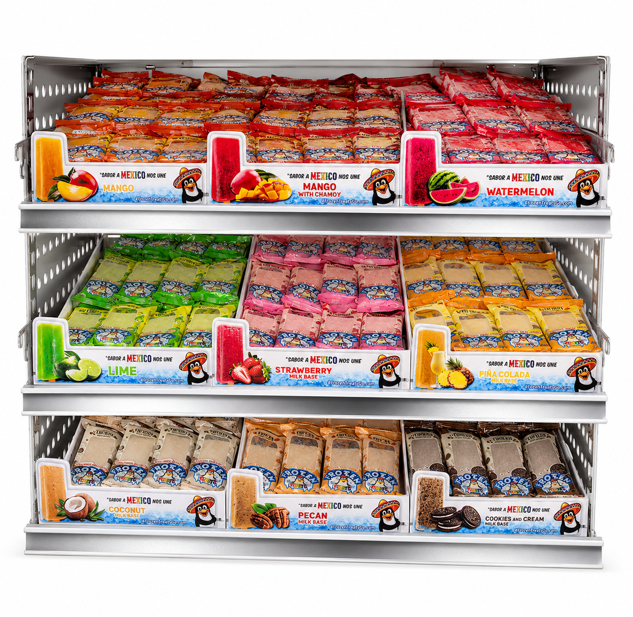 Frozen Treats branded three-tier display rack with 9 paleta flavors
