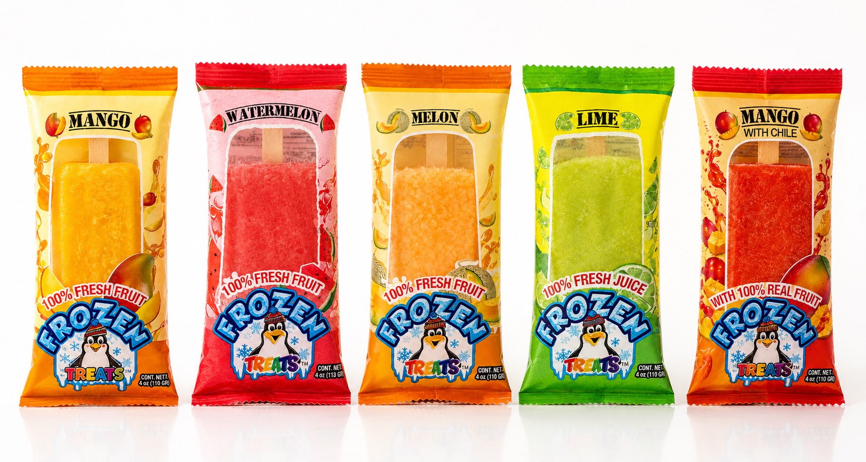 Frozen Treats fruit-based paletas, Mango, Watermelon, Melon, Lime, Mango with Chamoy