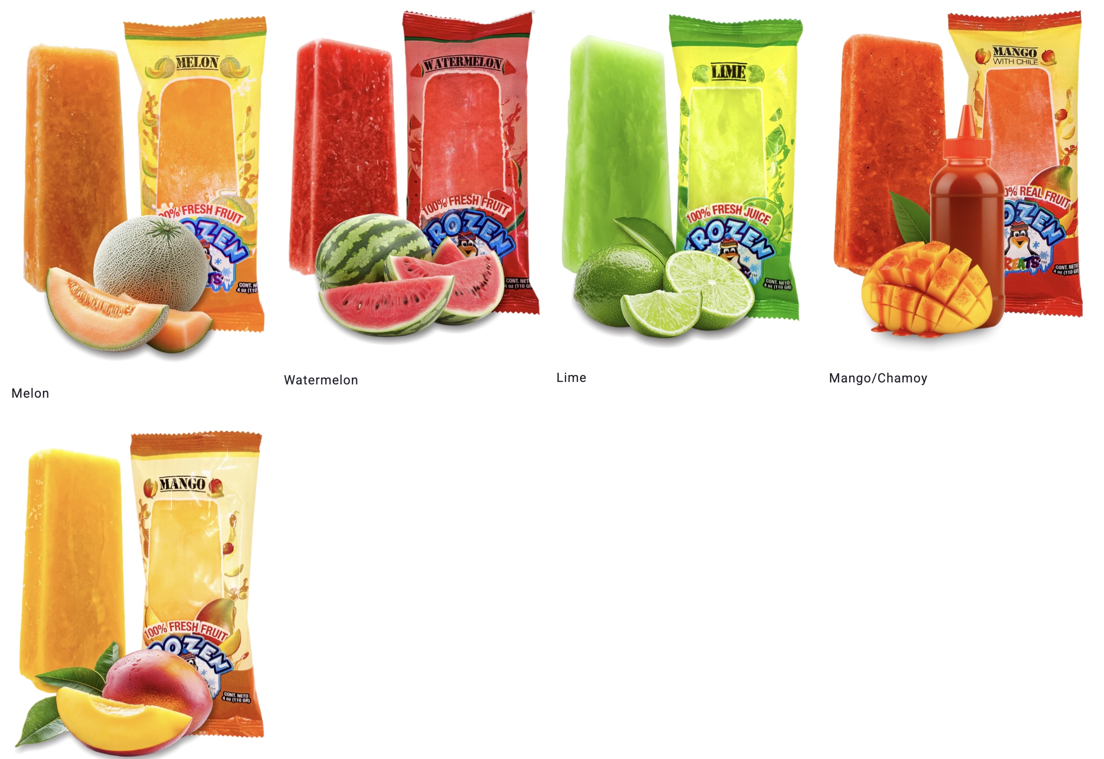 Frozen Treats fruit-based paletas, Melon, Watermelon, Lime, Mango with Chamoy, Mango, shown in bag, out of bag, and with corresponding fruit