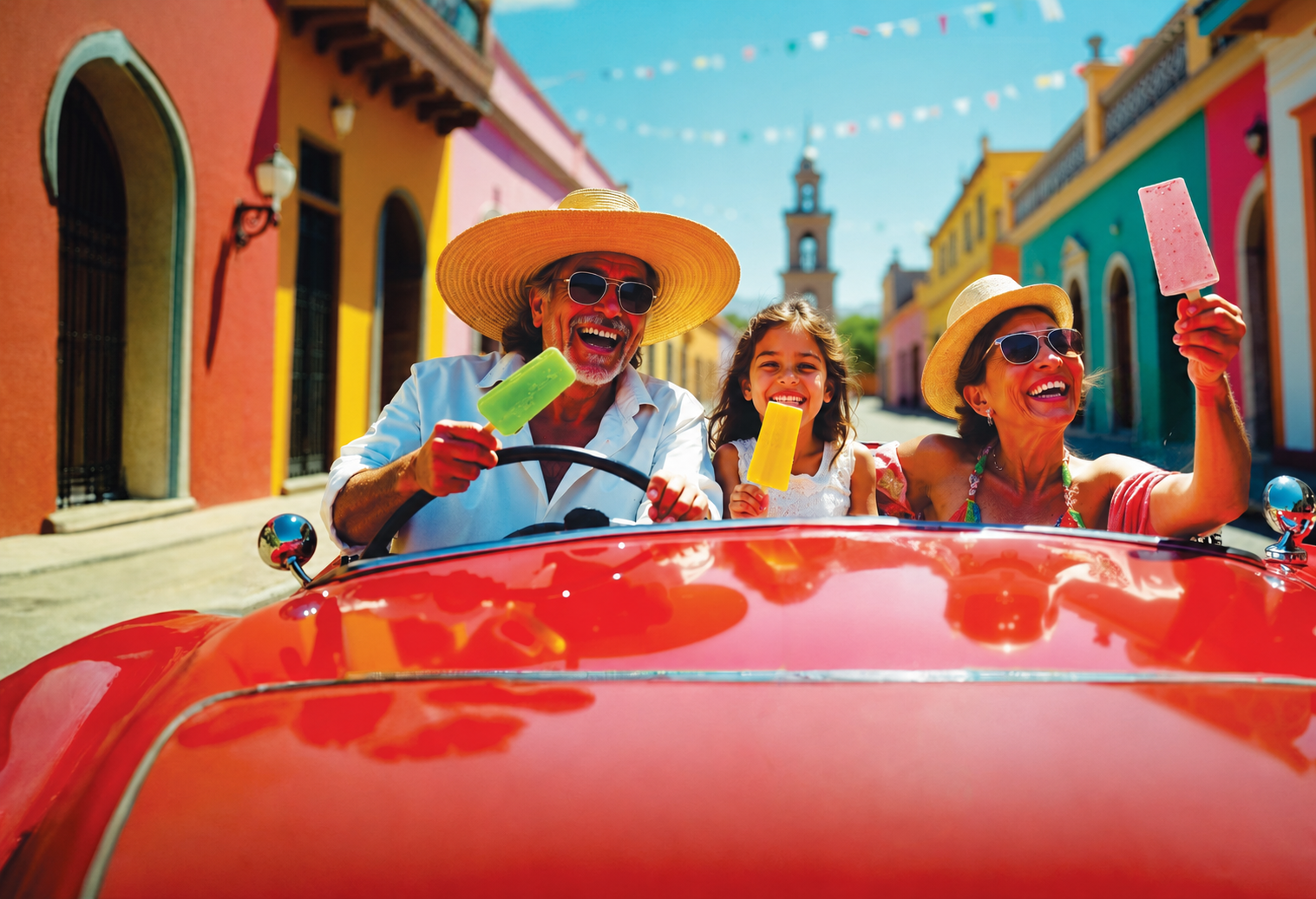 Family celebrating with Frozen Treats paletas on a colorful Mexican street