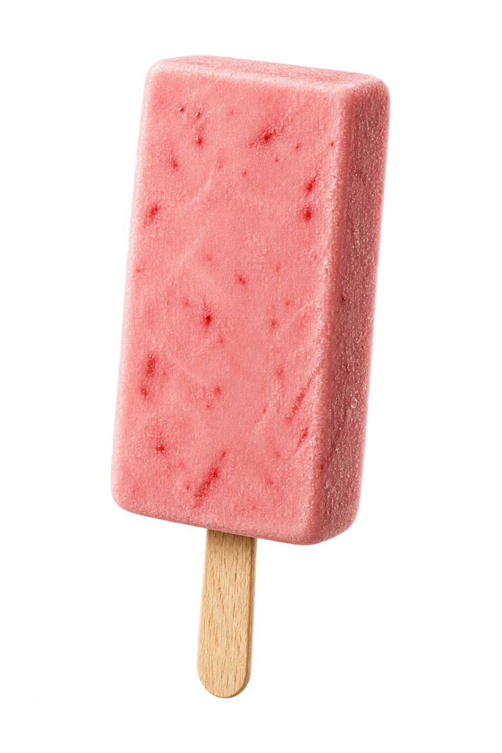 Studio render of a creamy pink strawberry paleta, with subtle frost and a wooden stick